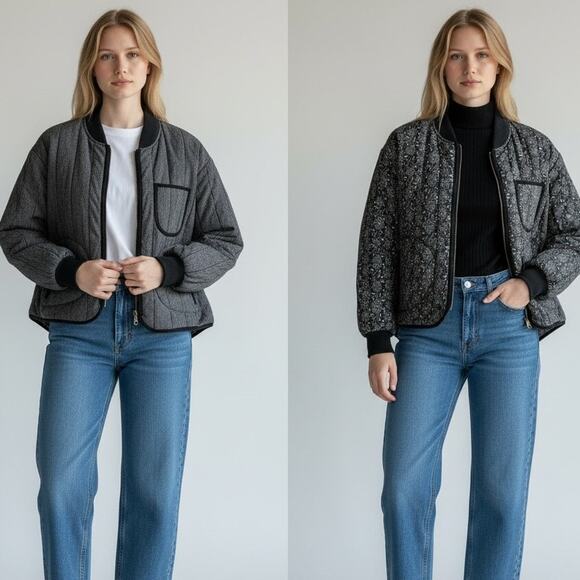 The Great The Reversible Quilted Bomber Jacket NWT Women's Sz 0 Gray Floral